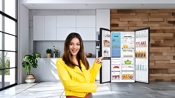 woman in front of haier refrigerator