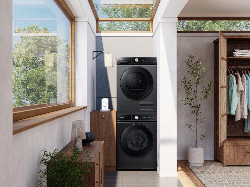 image shows a stacked Samsung Bespoke AI™ washer and dryer