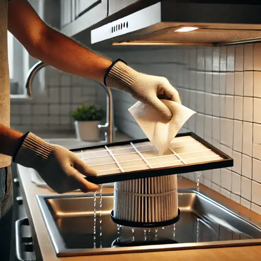 a person cleaning a kitchen range hood filter