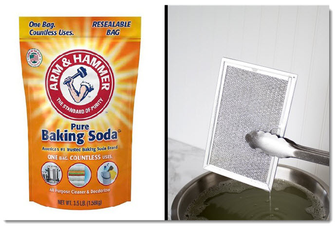 Arm & Hammer Pure Baking Soda being used to clean a kitchen filter
