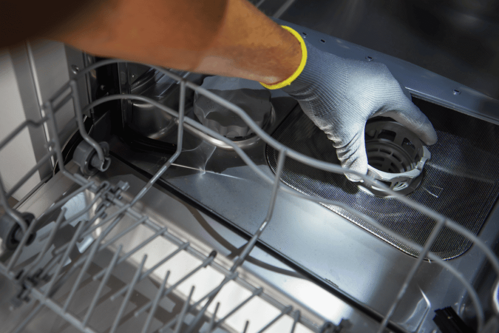 a person cleaning or inspecting the filter and drain area of a dishwasher