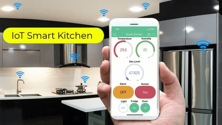 The smartphone in the image displays an application that monitors and controls various kitchen functions using the Internet of Things (IoT)