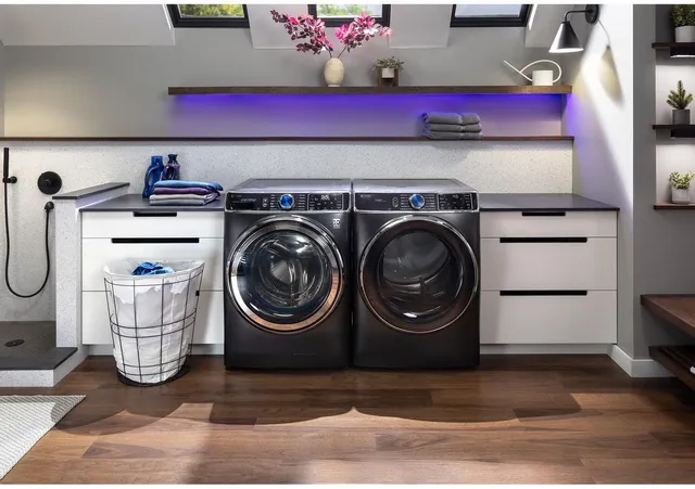 image shows a GE Profile Smart Front Load Washer and Dryer set