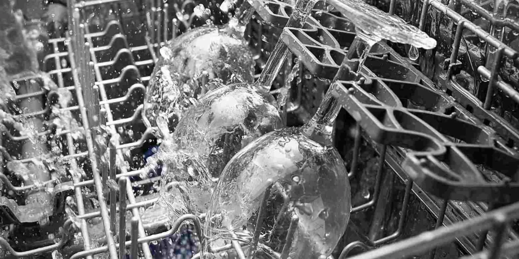  interior of a dishwasher during a wash cycle, with water spraying onto glasses and a rack