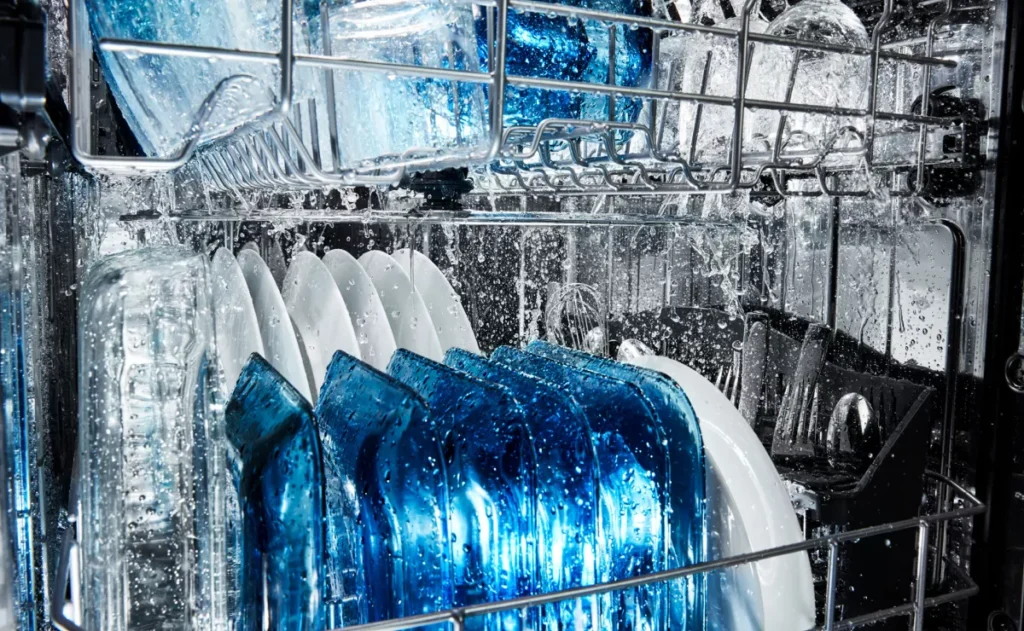 inside of a Maytag dishwasher during a wash cycle