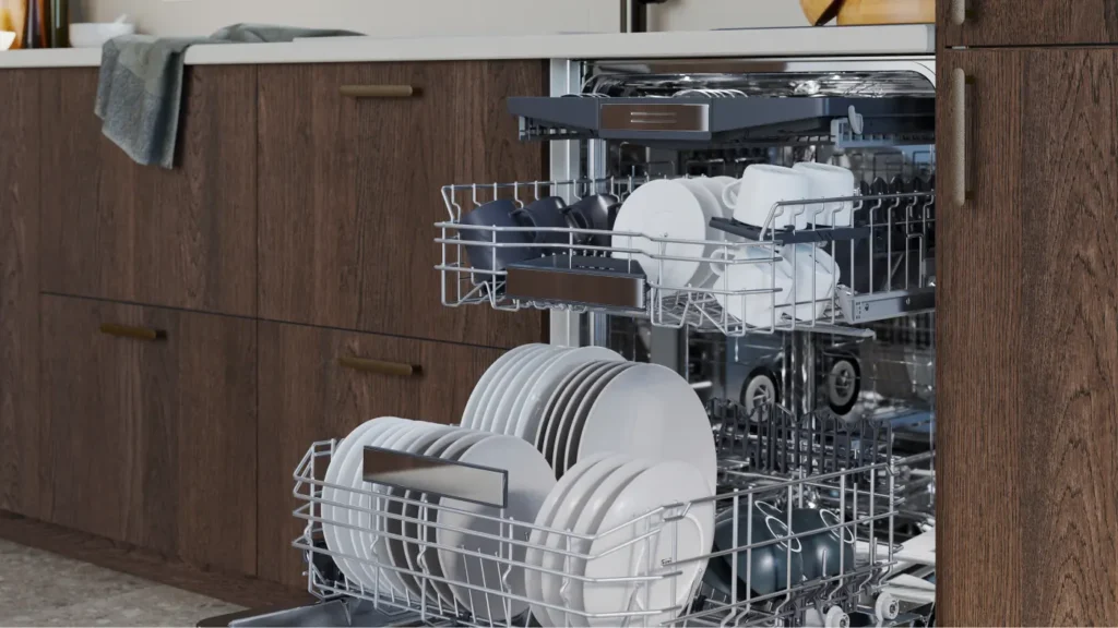 an open dishwasher with racks full of dishes