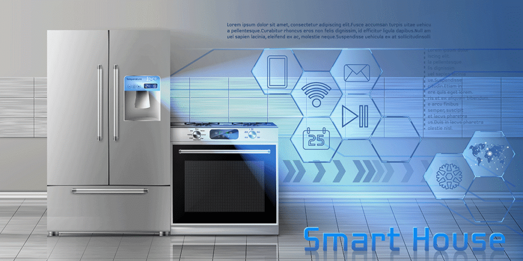 conceptual illustration of a smart house, featuring connected home appliances