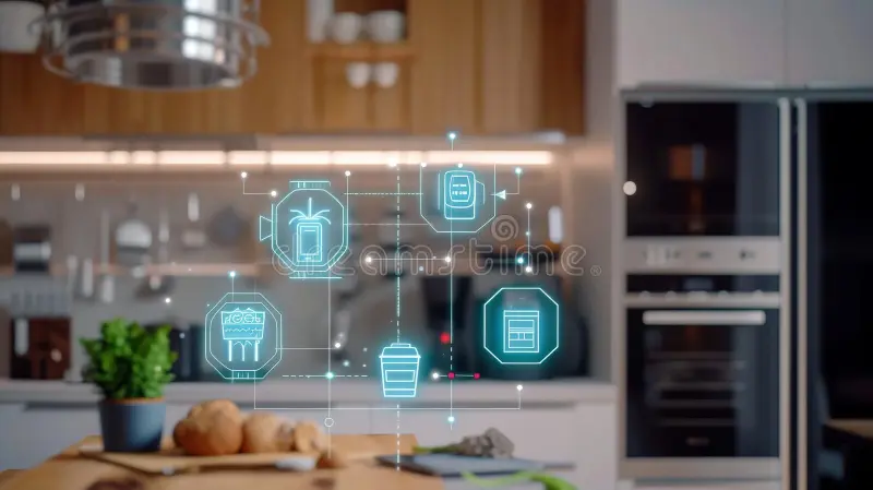 futuristic smart kitchen with holographic controls and digital interfaces