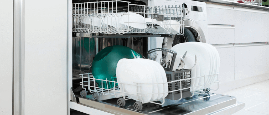 interior of a dishwasher, a machine that automatically cleans dishware, cookware, and cutlery