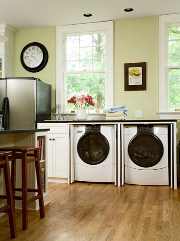 a kitchen with built-in front-load washing machines, which are appliances designed to launder clothing