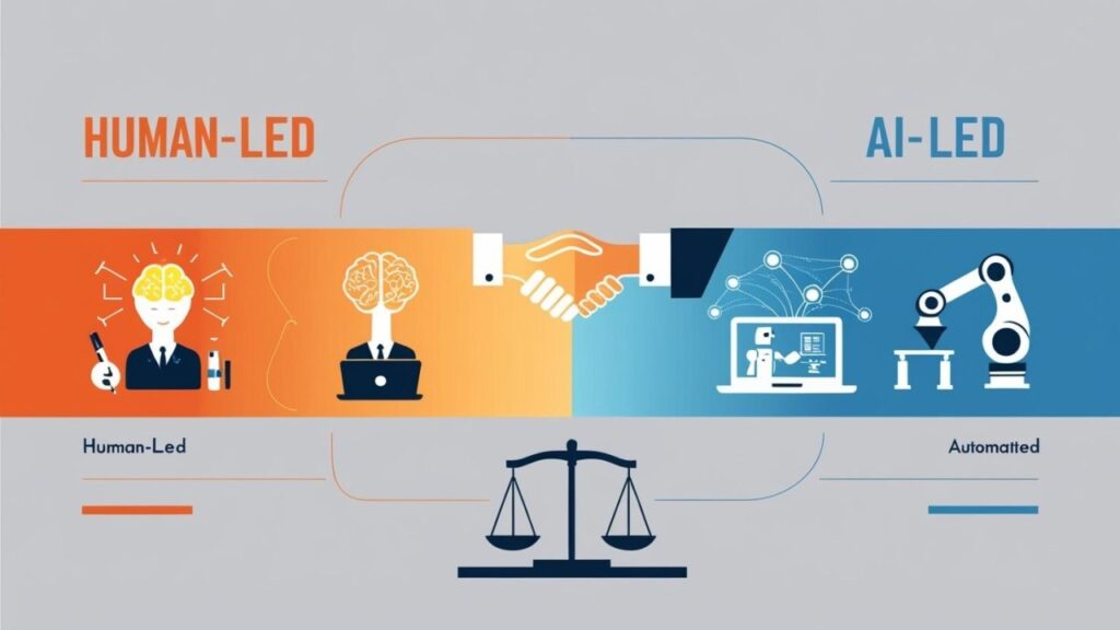 image illustrates the balance and interaction between human-led and AI-led approaches in a work