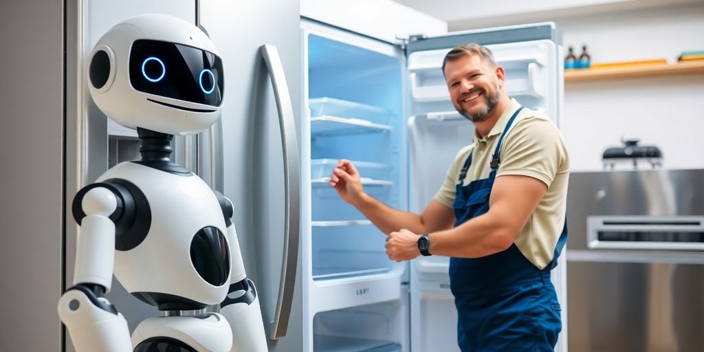 a man and a robot standing next to an open refrigerator, likely illustrating a concept related to robotics and artificial intelligence