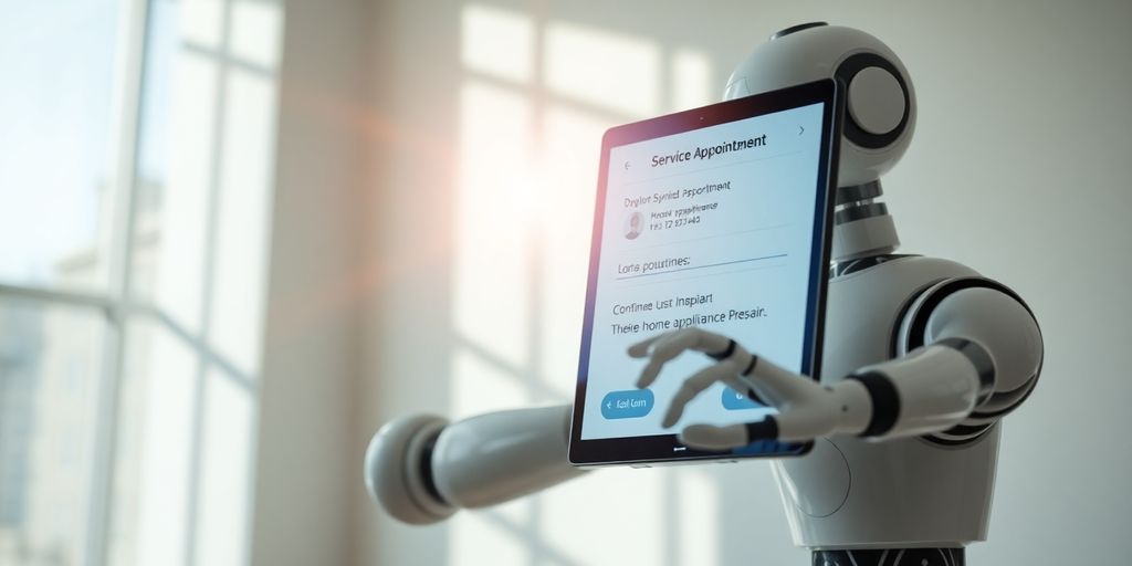 a humanoid robot utilizing a tablet to manage a "Service Appointment" application