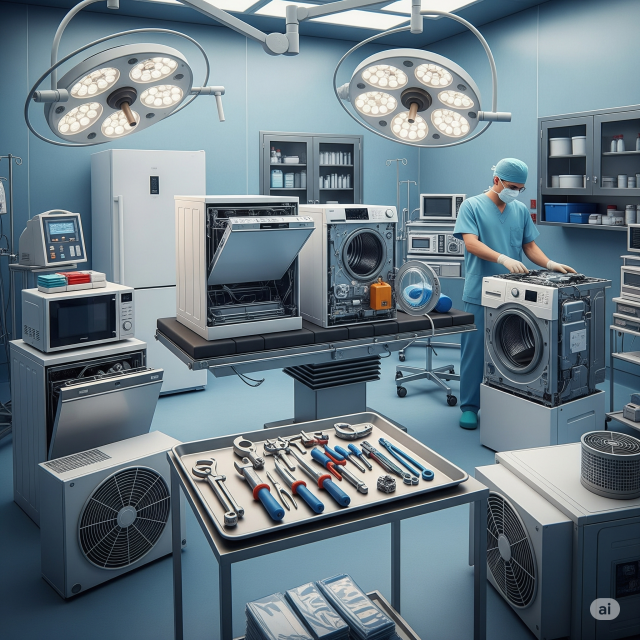 person in medical attire repairing household appliances
