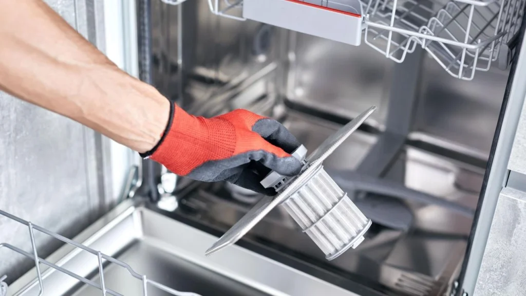 a person removing or installing a dishwasher filter