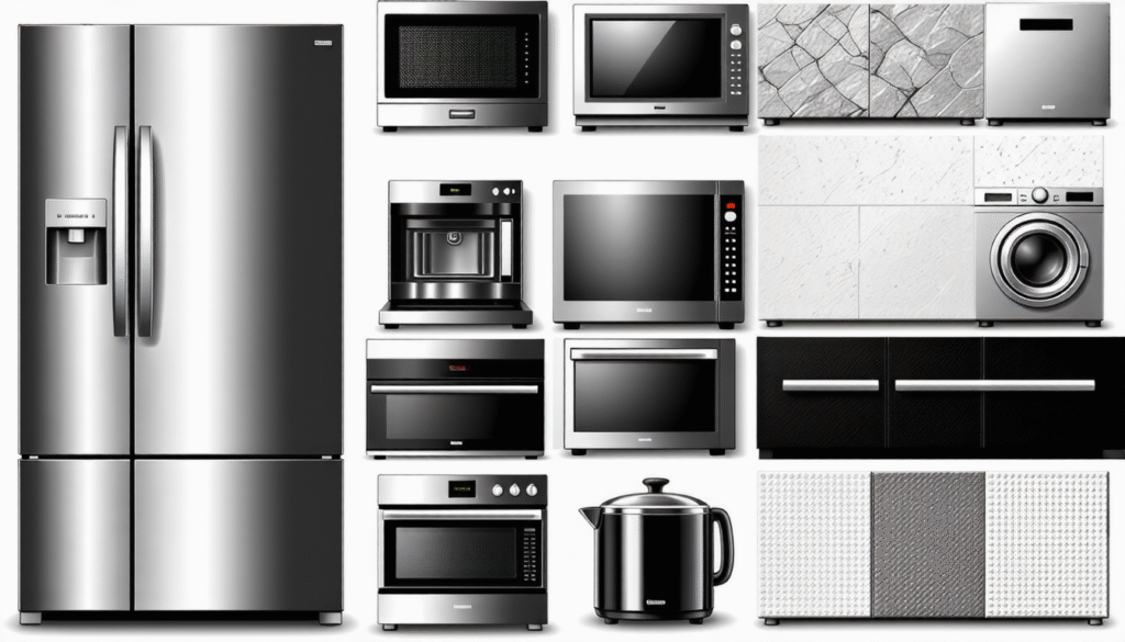 a collection of kitchen and household appliances, rendered in a silver color