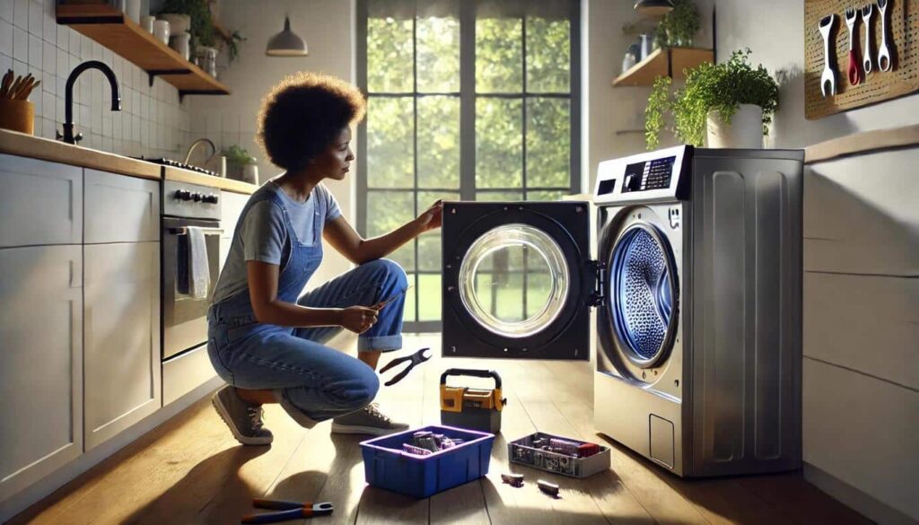a woman performing a do-it-yourself (DIY) repair on a front-loading washing machine in a kitchen