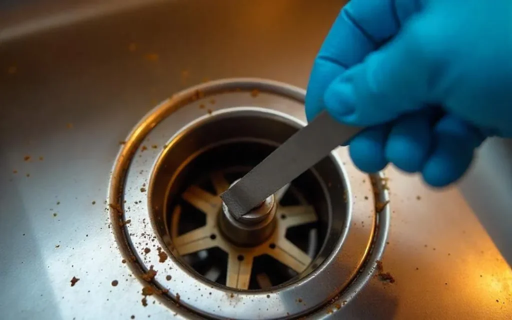 using a wrench-like tool to manually dislodge a jam in the impeller plate of a garbage disposal