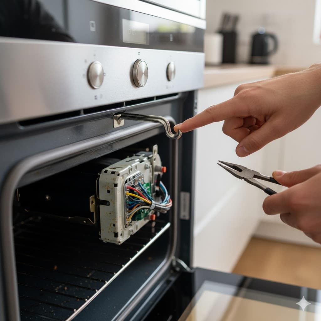 person using pliers to work on an oven door hinge mechanism