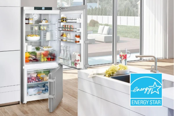 freestanding Liebherr fridge-freezer combination in a kitchen setting
