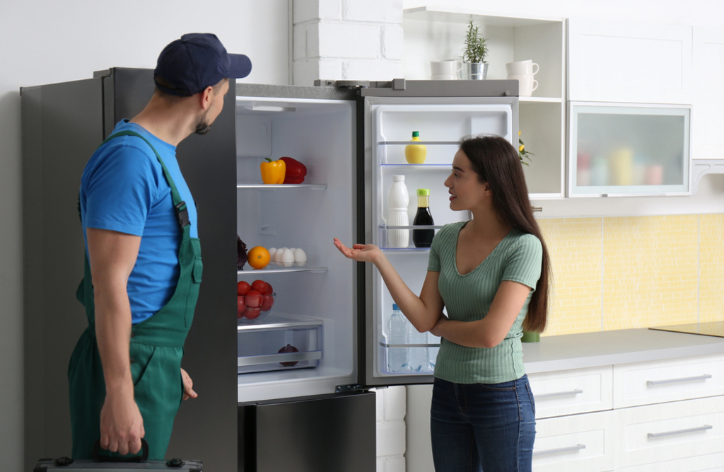 a male technician speaking with a female client in a kitchen