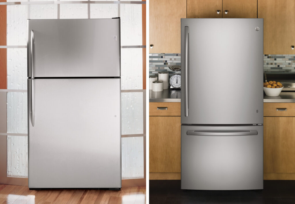 two types of refrigerators: a top-freezer model on the left and a bottom-freezer model on the right