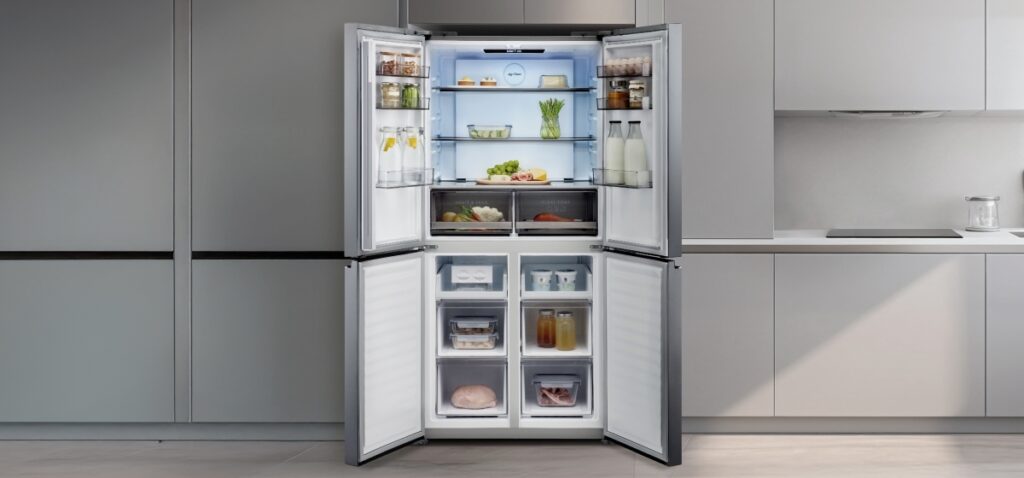 a Haier Cube 90 Series 5 HCR5919ENMB multi-door fridge freezer