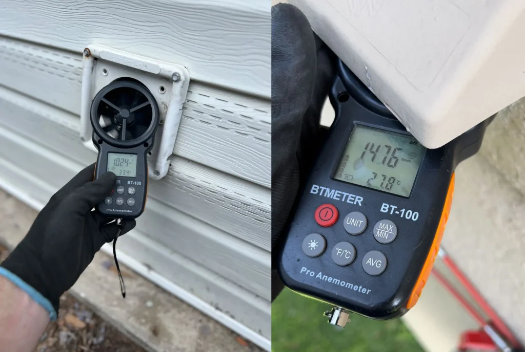 using a BTMETER BT-100 digital handheld anemometer to measure air velocity coming from a dryer vent