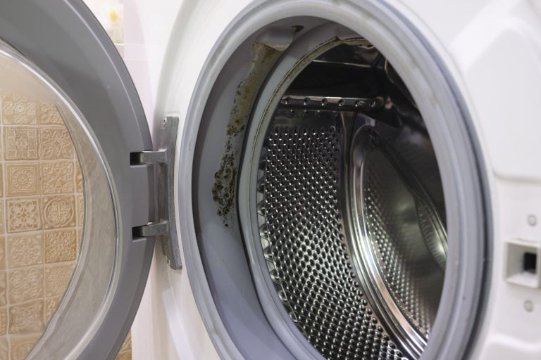 front-loading washing machine with visible mold buildup around the door seal