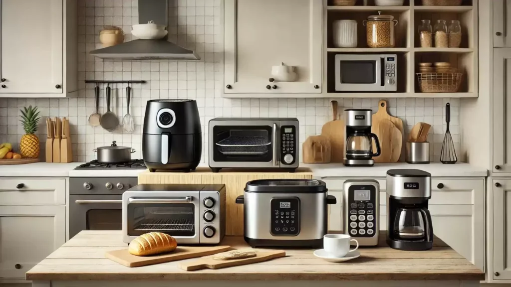 a variety of modern kitchen appliances arranged on countertops and a central wooden table in a well-lit kitchen setting