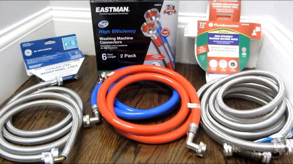 two sets of Eastman and Fluidmaster high-efficiency washing machine connectors