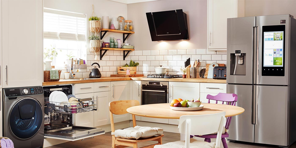 a kitchen with various modern appliances