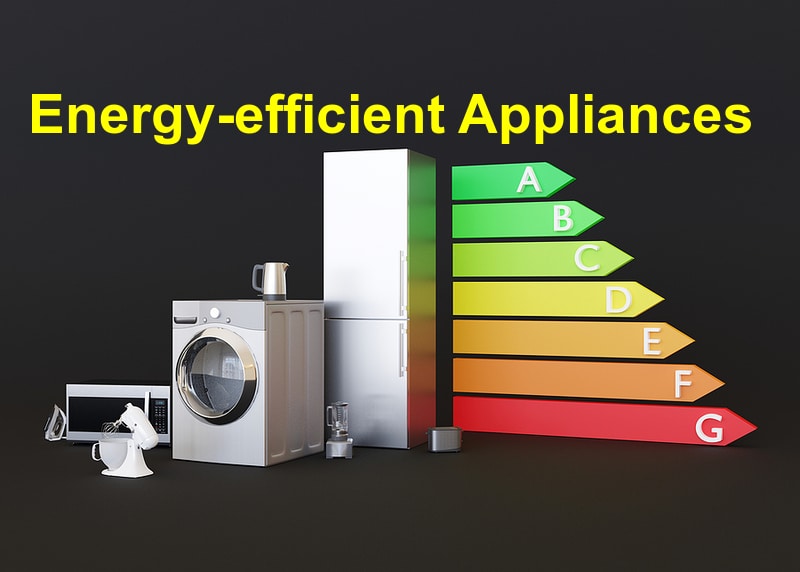 Different household appliances and energy efficiency rating chart on black background