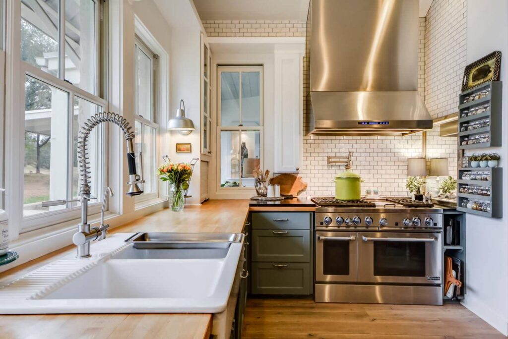 a kitchen with a farmhouse-style design