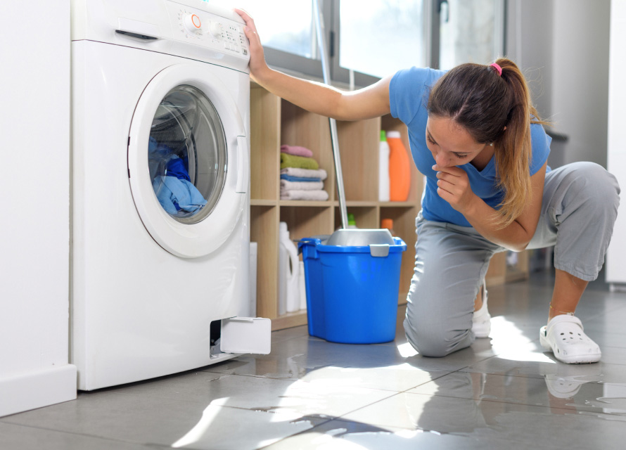 girl looking the cause of her washer leaking