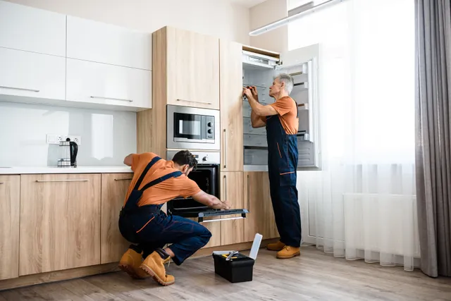 two man installing appliances