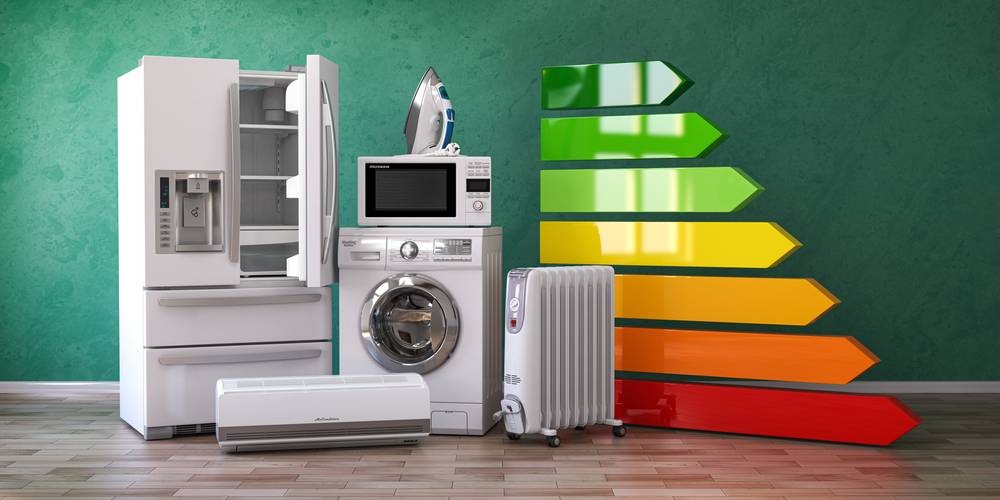 various household appliances alongside an energy efficiency rating label