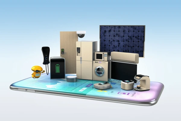 a collection of smart home appliances and devices positioned on a large smartphone screen