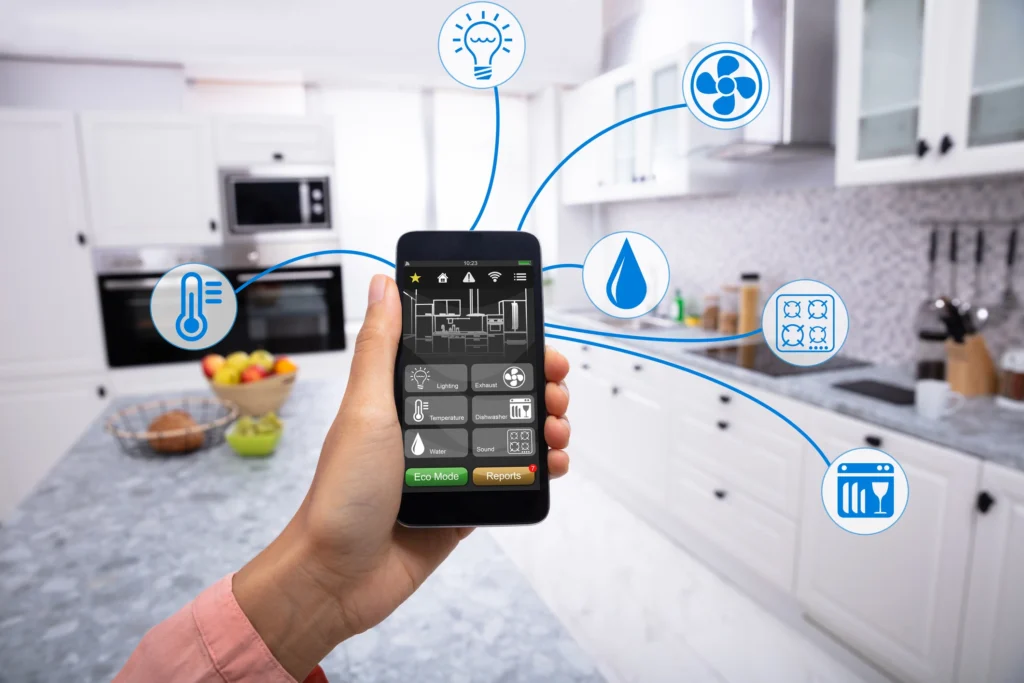 a smart home system, which allows users to remotely control various household appliances and functions via a mobile application