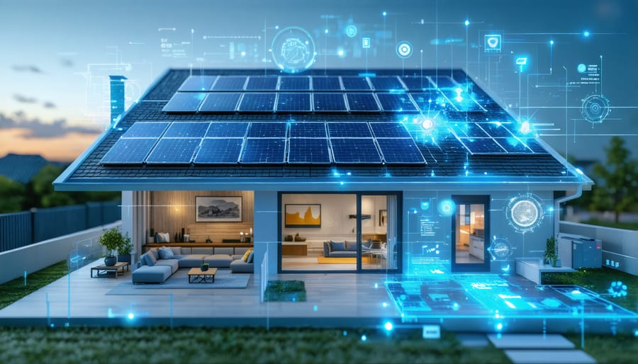 an artistic rendering of a residential home powered by a smart solar energy system