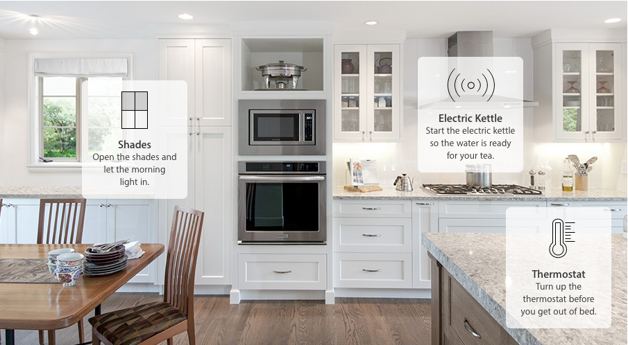a kitchen with three smart home devices and suggested automated actions, illustrating a smart home system