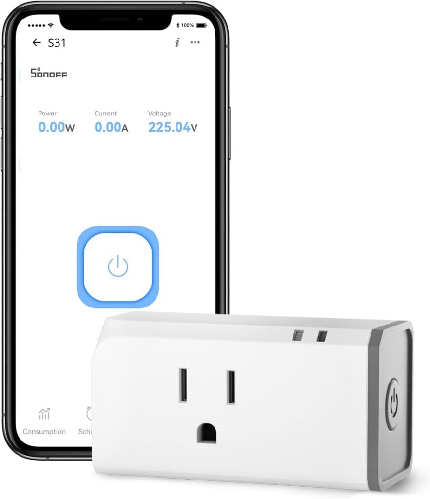 a Sonoff S31 Smart Plug, a Wi-Fi-enabled smart outlet with energy monitoring capabilities