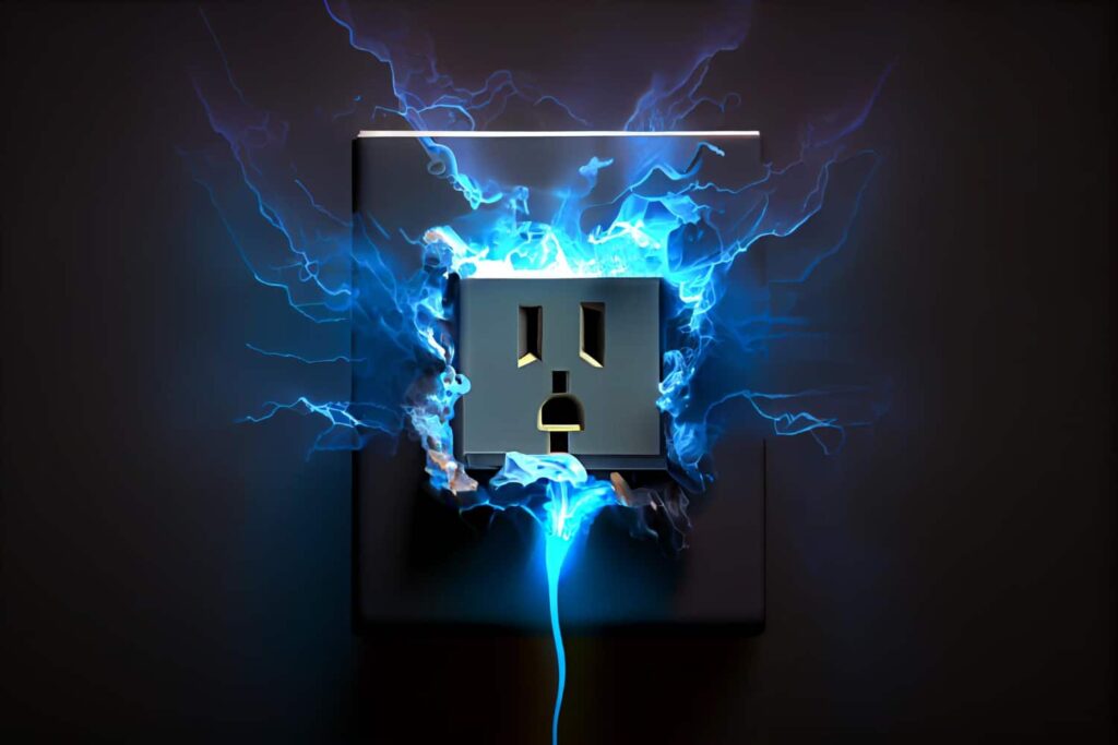 an illustration depicting an electrical outlet experiencing a power surge or electrical arcing